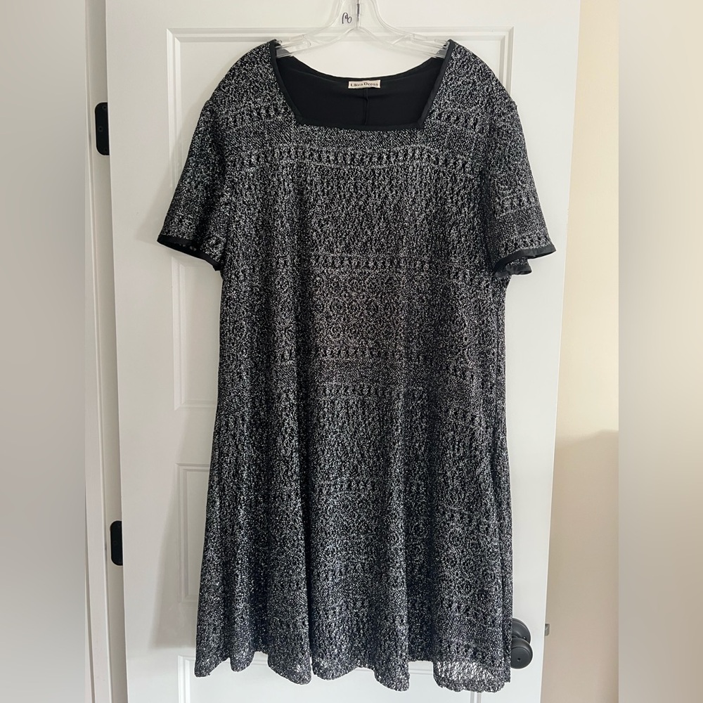 Ultra Dress Silver Black Lacy Metallic Knit Midi Party Holiday Womens Size XXL
